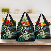 Hawaiian Ukulele Grocery Bag Chartreuse Cyan Fantastic Plumeria LT01 3-pack One Size Cyan - Polynesian Pride