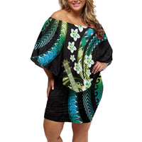 Hawaiian Ukulele Off Shoulder Short Dress Chartreuse Cyan Fantastic Plumeria