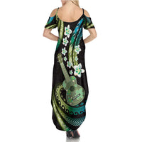 Hawaiian Ukulele Summer Maxi Dress Chartreuse Cyan Fantastic Plumeria
