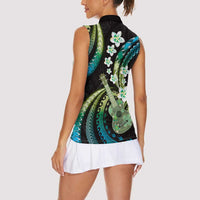 Hawaiian Ukulele Women Sleeveless Polo Shirt Chartreuse Cyan Fantastic Plumeria LT01 - Polynesian Pride