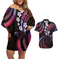 Hawaii Map Kanaka Maoli Couples Matching Off Shoulder Short Dress and Hawaiian Shirt Fantastic Frangipani Sweet Dream