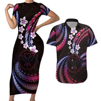 Hawaii Map Kanaka Maoli Couples Matching Short Sleeve Bodycon Dress and Hawaiian Shirt Fantastic Frangipani Sweet Dream LT01 Pink - Polynesian Pride