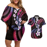 Hawaii Plumeria Couples Matching Off Shoulder Short Dress and Hawaiian Shirt Sweet Gradient Polynesian Pattern