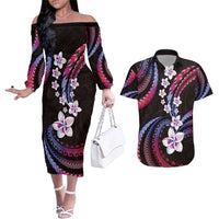 Hawaii Plumeria Couples Matching Off The Shoulder Long Sleeve Dress and Hawaiian Shirt Sweet Gradient Polynesian Pattern