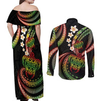Hawaii Turtles Plumeria Couples Matching Off Shoulder Maxi Dress and Long Sleeve Button Shirt Reggae Polynesian Pattern