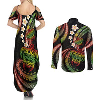 Hawaii Turtles Plumeria Couples Matching Summer Maxi Dress and Long Sleeve Button Shirt Reggae Polynesian Pattern