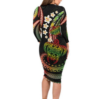 Hawaii Turtles Plumeria Family Matching Long Sleeve Bodycon Dress and Hawaiian Shirt Reggae Polynesian Pattern