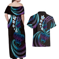 Hawaii Turtles Plumeria Couples Matching Off Shoulder Maxi Dress and Hawaiian Shirt Amethyst Gradient Polynesian Pattern