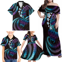 Hawaii Turtles Plumeria Family Matching Off Shoulder Maxi Dress and Hawaiian Shirt Amethyst Gradient Polynesian Pattern