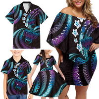 Hawaii Turtles Plumeria Family Matching Off Shoulder Short Dress and Hawaiian Shirt Amethyst Gradient Polynesian Pattern