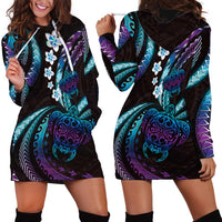Hawaii Turtles Plumeria Hoodie Dress Amethyst Gradient Polynesian Pattern