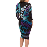 Hawaii Turtles Plumeria Long Sleeve Bodycon Dress Amethyst Gradient Polynesian Pattern