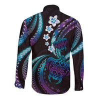 Hawaii Turtles Plumeria Long Sleeve Button Shirt Amethyst Gradient Polynesian Pattern