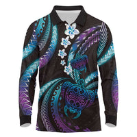 Hawaii Turtles Plumeria Long Sleeve Polo Shirt Amethyst Gradient Polynesian Pattern