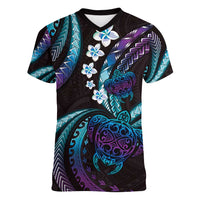 Hawaii Turtles Plumeria Women V-Neck T-Shirt Amethyst Gradient Polynesian Pattern