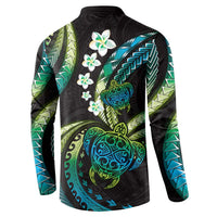 Hawaii Turtles Plumeria Button Sweatshirt Chartreuse Cyan Polynesian Pattern