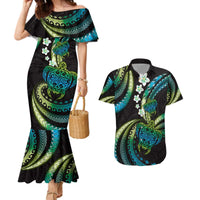 Hawaii Turtles Plumeria Couples Matching Mermaid Dress and Hawaiian Shirt Chartreuse Cyan Polynesian Pattern