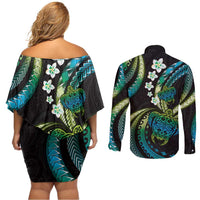 Hawaii Turtles Plumeria Couples Matching Off Shoulder Short Dress and Long Sleeve Button Shirt Chartreuse Cyan Polynesian Pattern