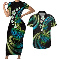 Hawaii Turtles Plumeria Couples Matching Short Sleeve Bodycon Dress and Hawaiian Shirt Chartreuse Cyan Polynesian Pattern