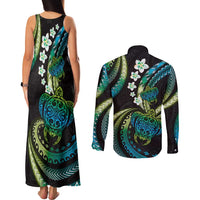 Hawaii Turtles Plumeria Couples Matching Tank Maxi Dress and Long Sleeve Button Shirt Chartreuse Cyan Polynesian Pattern