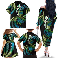 Hawaii Turtles Plumeria Family Matching Off The Shoulder Long Sleeve Dress and Hawaiian Shirt Chartreuse Cyan Polynesian Pattern