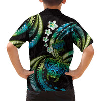 Hawaii Turtles Plumeria Family Matching Off Shoulder Short Dress and Hawaiian Shirt Chartreuse Cyan Polynesian Pattern