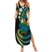 Hawaii Turtles Plumeria Family Matching Summer Maxi Dress and Hawaiian Shirt Chartreuse Cyan Polynesian Pattern