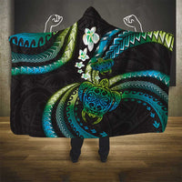 Hawaii Turtles Plumeria Hooded Blanket Chartreuse Cyan Polynesian Pattern