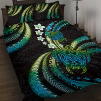 Hawaii Turtles Plumeria Quilt Bed Set Chartreuse Cyan Polynesian Pattern