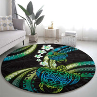 Hawaii Turtles Plumeria Round Carpet Chartreuse Cyan Polynesian Pattern