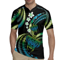 Hawaii Turtles Plumeria Rugby Jersey Chartreuse Cyan Polynesian Pattern