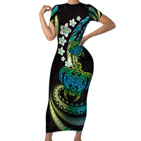 Hawaii Turtles Plumeria Short Sleeve Bodycon Dress Chartreuse Cyan Polynesian Pattern LT01 Long Dress Cyan - Polynesian Pride