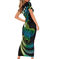 Hawaii Turtles Plumeria Short Sleeve Bodycon Dress Chartreuse Cyan Polynesian Pattern LT01 - Polynesian Pride