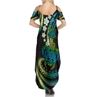 Hawaii Turtles Plumeria Summer Maxi Dress Chartreuse Cyan Polynesian Pattern