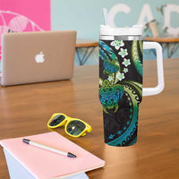 Hawaii Turtles Plumeria Tumbler With Handle Chartreuse Cyan Polynesian Pattern