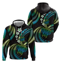Hawaii Turtles Plumeria Zip Hoodie Chartreuse Cyan Polynesian Pattern