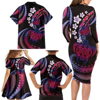 Hawaii Turtles Plumeria Family Matching Long Sleeve Bodycon Dress and Hawaiian Shirt Sweet Gradient Polynesian Pattern LT01 - Polynesian Pride