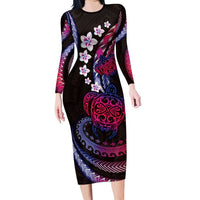 Hawaii Turtles Plumeria Family Matching Long Sleeve Bodycon Dress and Hawaiian Shirt Sweet Gradient Polynesian Pattern LT01 Mom's Dress Pink - Polynesian Pride