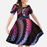 Hawaii Turtles Plumeria Family Matching Off The Shoulder Long Sleeve Dress and Hawaiian Shirt Sweet Gradient Polynesian Pattern LT01 Daughter's Dress Pink - Polynesian Pride