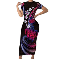 Hawaii Turtles Plumeria Family Matching Short Sleeve Bodycon Dress and Hawaiian Shirt Sweet Gradient Polynesian Pattern LT01 Mom's Dress Pink - Polynesian Pride