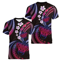 Hawaii Turtles Plumeria Women V-Neck T-Shirt Sweet Gradient Polynesian Pattern