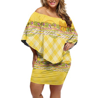 Hawaii Palaka Pikake Lokelani Plumeria Family Matching Off Shoulder Short Dress and Hawaiian Shirt Melemele Coquette Bow LT01 Mom's Dress Yellow - Polynesian Pride