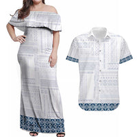 Samoa Siapo Blue Trimmed Couples Matching Off Shoulder Maxi Dress and Hawaiian Shirt Samoa White Sunday - Polynesian Pride