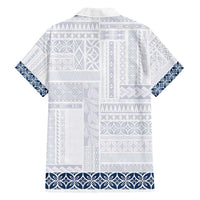 Samoa Siapo Blue Trimmed Family Matching Off Shoulder Short Dress and Hawaiian Shirt Samoa White Sunday - Polynesian Pride