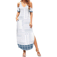 Samoa Siapo Blue Trimmed Family Matching Summer Maxi Dress and Hawaiian Shirt Samoa White Sunday - Polynesian Pride