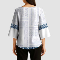 Samoa Siapo Blue Trimmed Kimono Sleeve Blouse Samoa White Sunday - Polynesian Pride