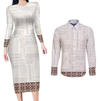 Samoa Siapo Brown Trimmed Couples Matching Long Sleeve Bodycon Dress and Long Sleeve Button Shirt Samoa White Sunday - Polynesian Pride