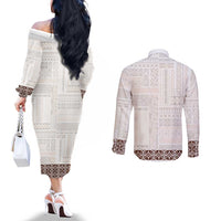 Samoa Siapo Brown Trimmed Couples Matching Off The Shoulder Long Sleeve Dress and Long Sleeve Button Shirt Samoa White Sunday - Polynesian Pride