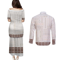 Samoa Siapo Brown Trimmed Couples Matching Puletasi and Long Sleeve Button Shirt Samoa White Sunday - Polynesian Pride