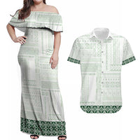 Samoa Siapo Green Trimmed Couples Matching Off Shoulder Maxi Dress and Hawaiian Shirt Samoa White Sunday - Polynesian Pride